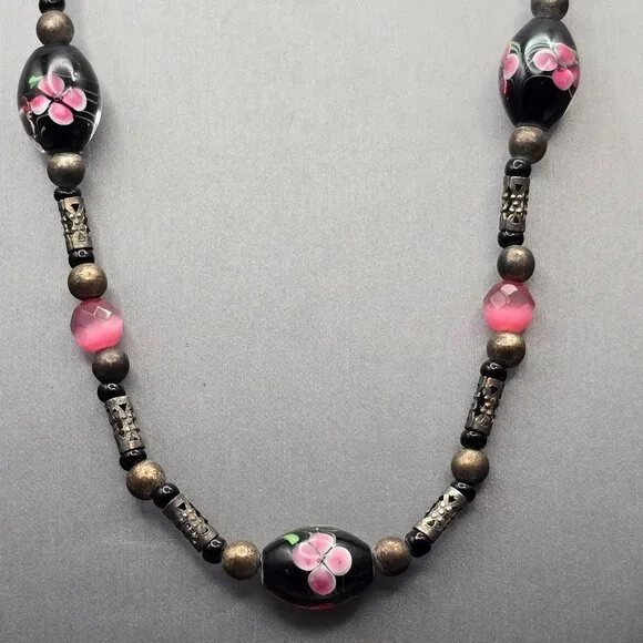 VTG Hand-Blown Lampwork Glass Bead Necklace 16" Floral Motifs Mixed Media - Picture 1 of 12